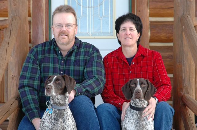 SANDY AND MARK YATES
WITH 2 GSP PUPS:KENAI AND SOPHIE IN HELENA MONTANA
